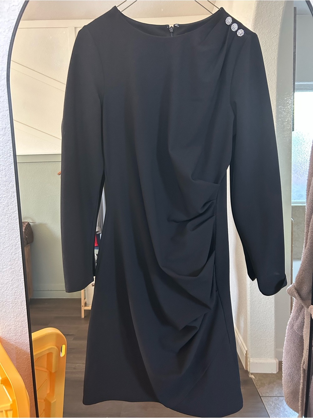 Express Black Long Sleeve Ruched Shift Dress with Decorative Shoulder Buttons
